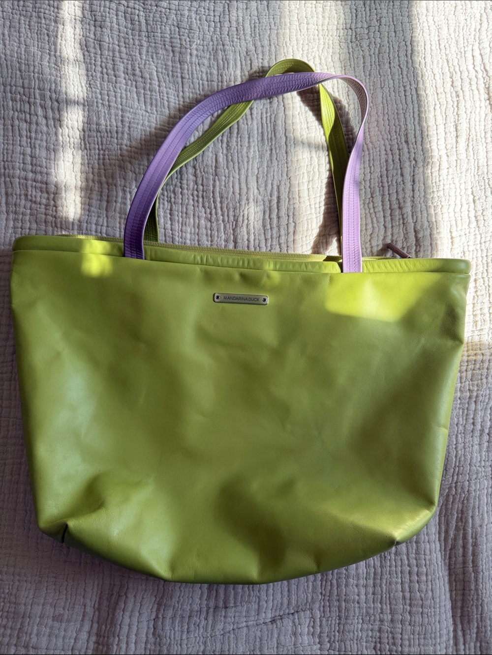 Mandarina Duck Lime Green Zip Tote with Lavender Straps/Inner Zip Pocket